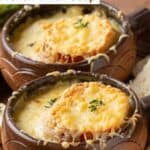 Two bowls of homemade French onion soup.