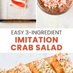 Imitation crab salad ingredients on a tray and in a bowl and the salad on buns.