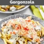 A plate of homemade Johnny Carino's chicken penne pasta gorgonzola.