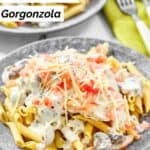 Homemade Johnny Carino's chicken penne gorgonzola on a large plate.