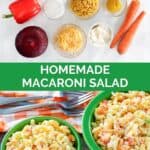 Homemade macaroni salad ingredients and the salad in two bowls.