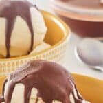 Homemade chocolate magic shell on ice cream.