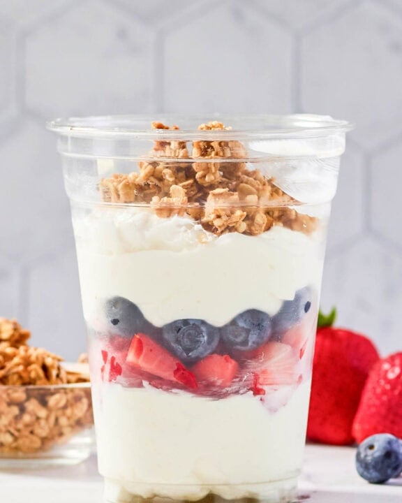 Copycat McDonald's fruit and yogurt parfait, granola, and berries.