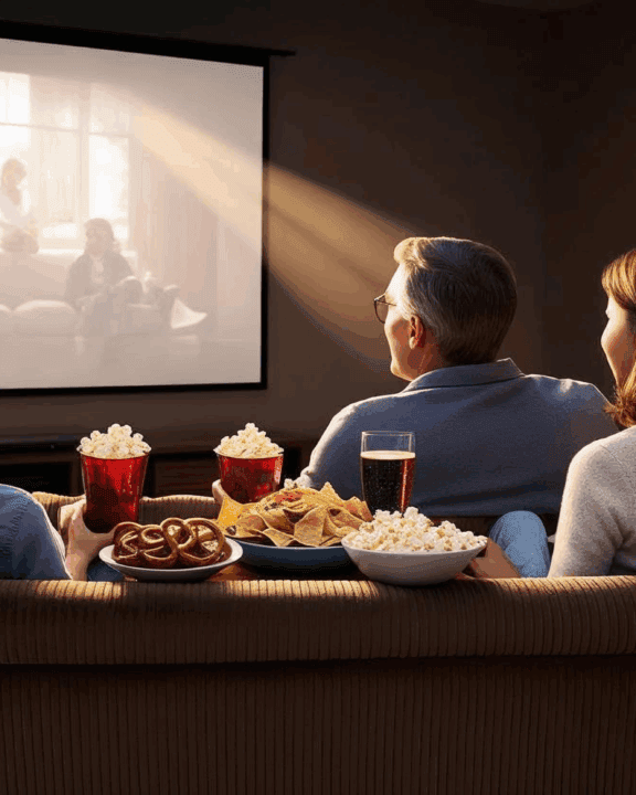 A family enjoying movie night with some kettle corn, pretzels, nachos, and more