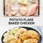 Potato flake chicken ingredients and the baked chicken on a plate.