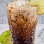 A glass of copycat Sonic Dirty Dr. Pepper drink.