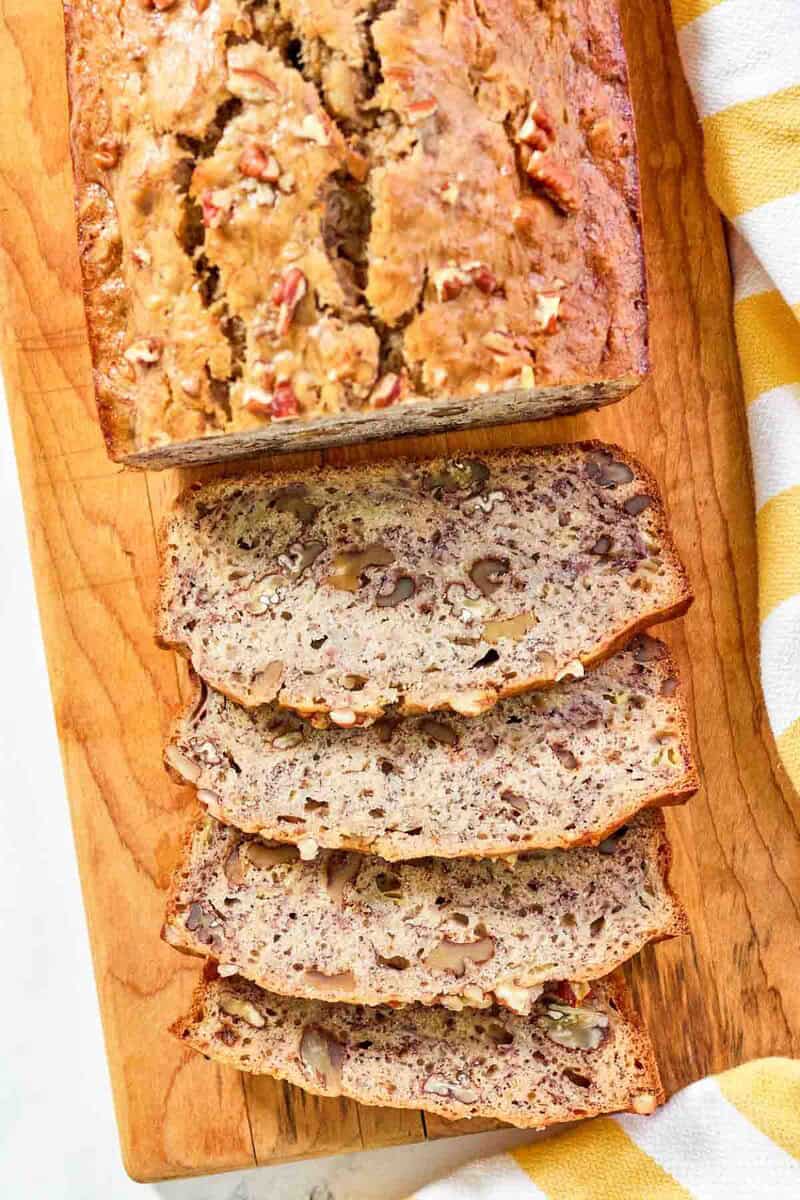 Copycat Starbucks banana bread on a wood board.