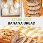 Copycat Starbucks banana bread ingredients and the loaf on a wood cutting board.
