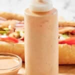 Copycat subway baja chipotle sauce in a squeeze bottle.