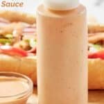 Homemade subway baja chipotle sauce in a squeeze bottle.