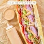 Homemade subway baja chipotle sauce in a bowl, squeeze bottle, and on a sandwich.