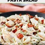 Homemade suddenly salad ranch and bacon pasta salad in a large bowl.