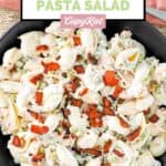 A bowl of homemade suddenly salad bacon ranch pasta salad.
