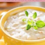 A bowl of homemade Sweet Tomatoes clam chowder with potatoes.