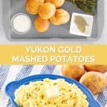 Homemade yukon gold mashed potatoes ingredients and the finished dish.