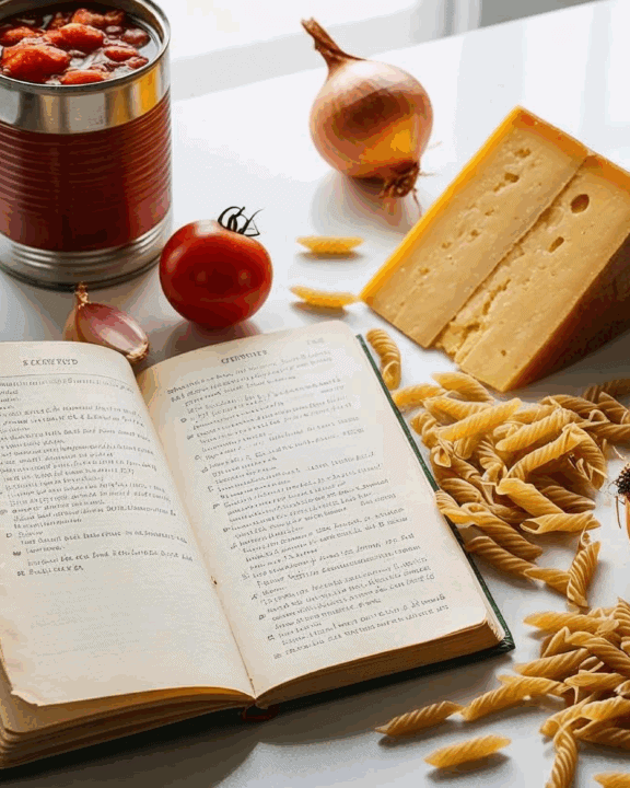 an open cookbook with ingredients for a hearty casserole