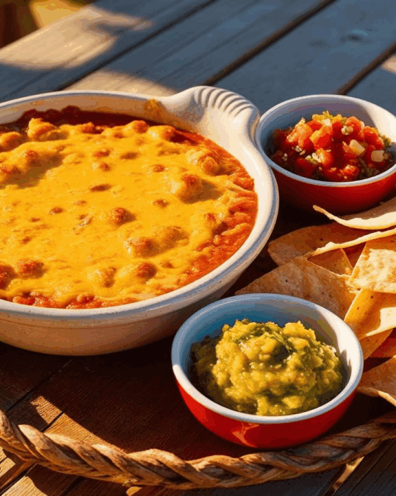 Cheese queso, green salsa, and red salsa on a table