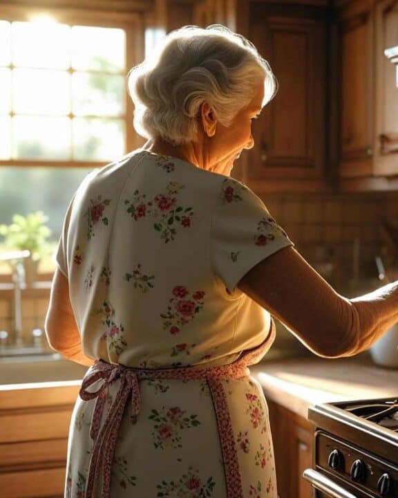 A grandmother cooking her favorite church cookbook recipe