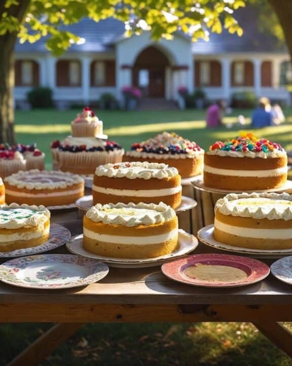 a table filled with retro cakes that are prefect for summer.
