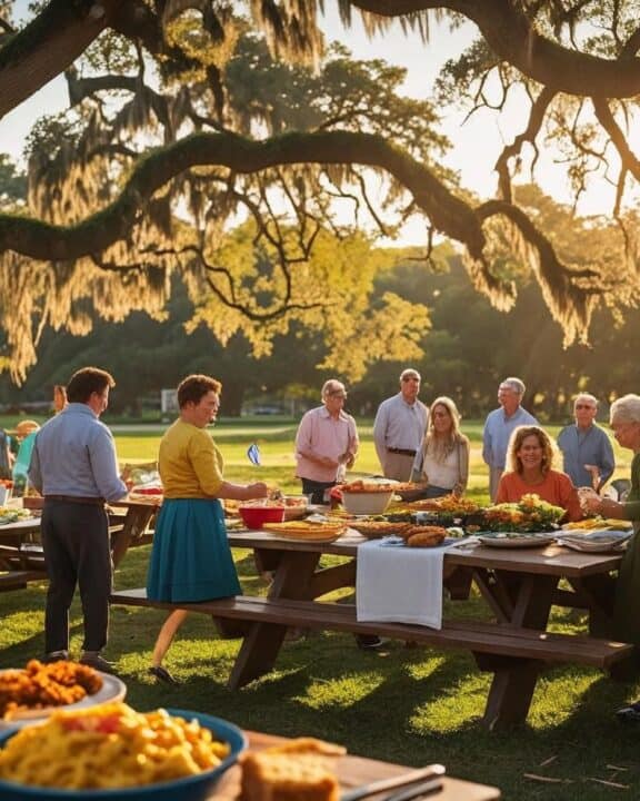 a typical potluck in the south by some live oak trees