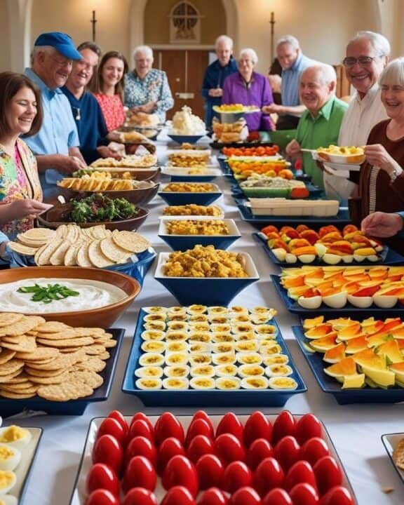 a table full of appetizers at a potluck