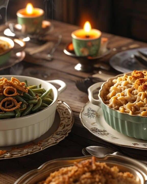 5 different vintage casseroles resting on a table