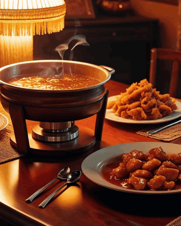 cheese fondue, black forest cake and more on a table