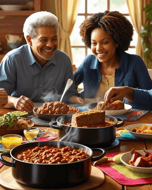 a family sitting at a table with a pot of chili