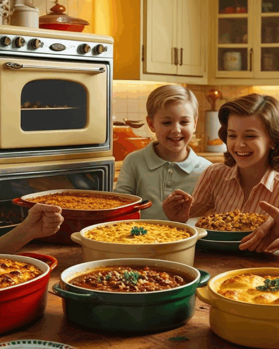 a family from the 1950s enjoying several casseroles for dinner