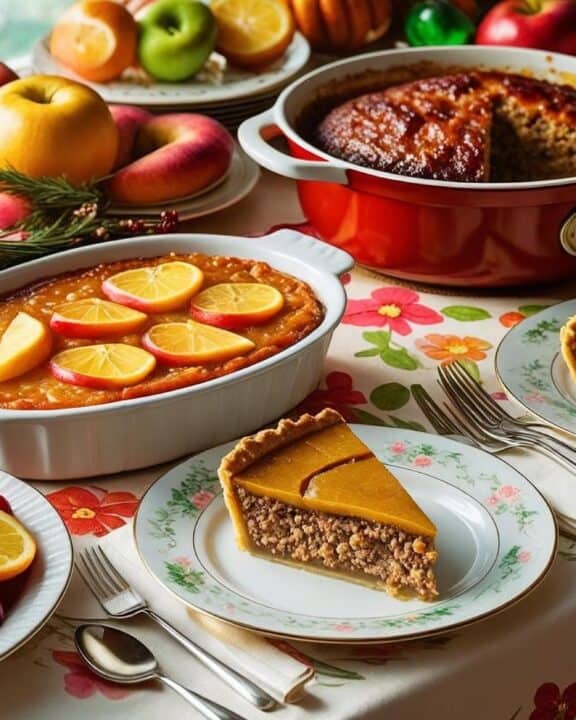 casseroles a meatloaf, and a slice of pie restingon a table