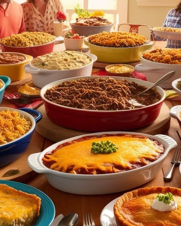 casseroles line a table