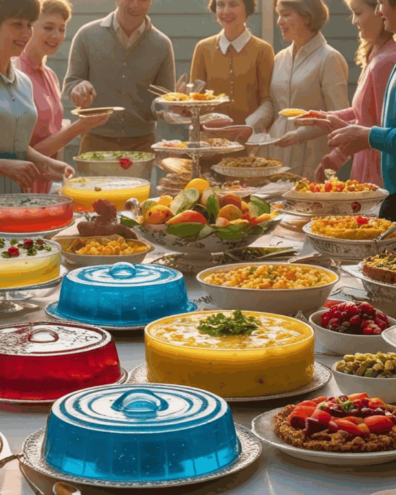 a 1960s potluck table full of food.