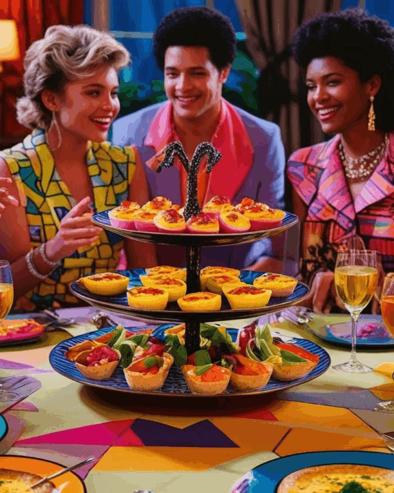 a party in the 1980s with appetizers