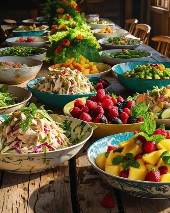Several vintage salads on a wooden table in a rustic kitchen.