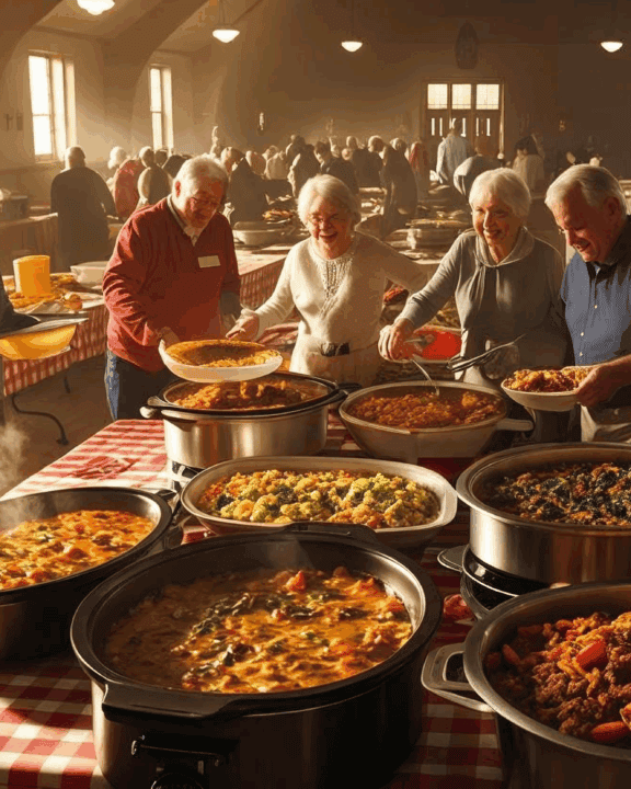 people at a potluck getting food