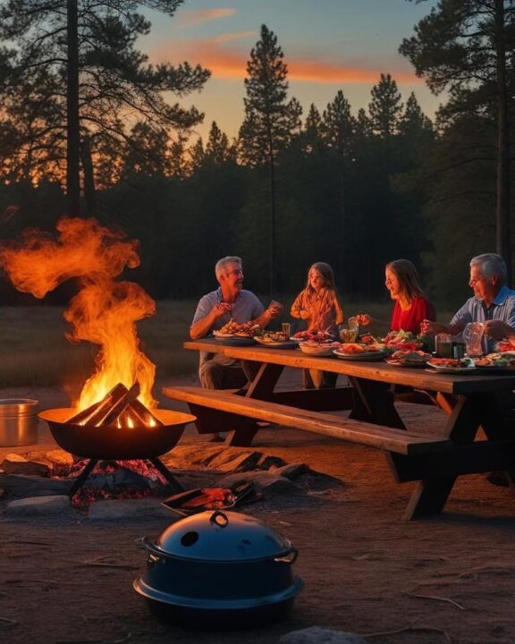 A family cooking around a campfire