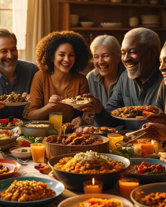 People gathering around side dshes at a potluck chatting