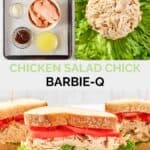 Copycat chicken salad chick barbie-q chicken salad ingredients and the salad in a sandwich and on lettuce.