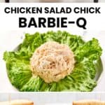 Copycat chicken salad chick barbie-q chicken salad ingredients and the salad on lettuce and in a sandwich.