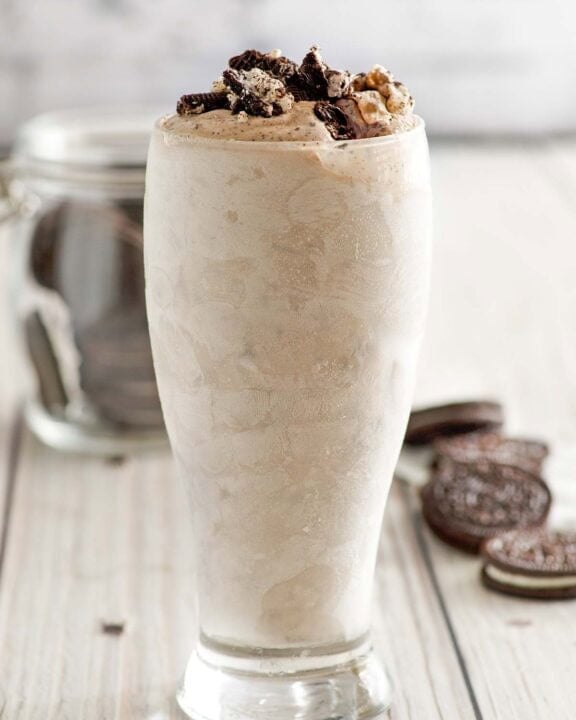 Copycat Dairy Queen oreo blizzard in a tall glass.
