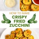 Crispy fried zucchini on a plate and the ingredients for making it.
