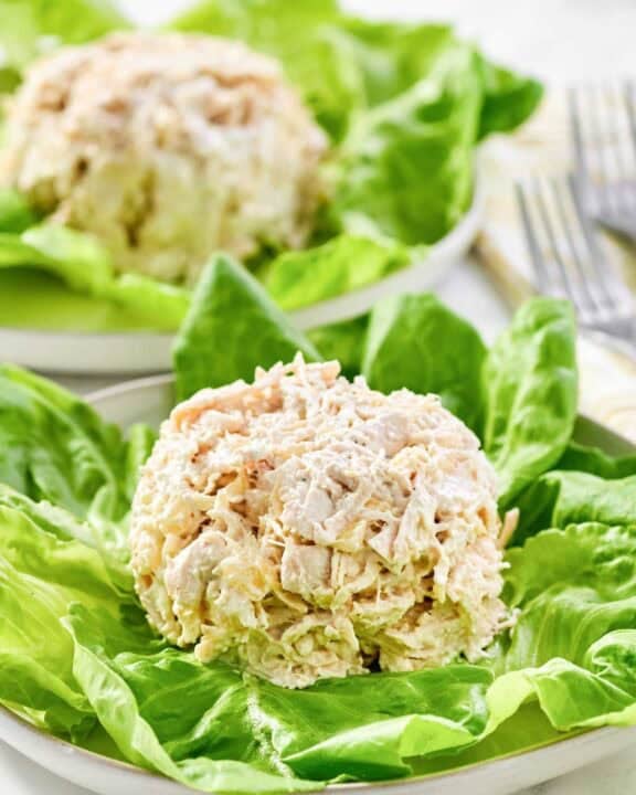 Copycat Jason's Deli chicken salad served on lettuce.
