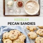 Copycat Keebler pecan sandies ingredients and the cookies on a plate and wire rack.