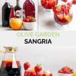 Copycat Olive Garden sangria ingredients and the cocktail in glasses and a pitcher.