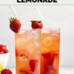Homemade Red Robin freckled lemonade, lemon wedges, and strawberries.