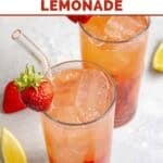 Homemade Red Robin freckled lemonade in two glasses, lemon wedges, and strawberries.