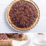 A whole Taste of Texas pecan pie and a slice.