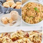 Copycat Texas Roadhouse rolls, butter, seasoned rice, and chicken.