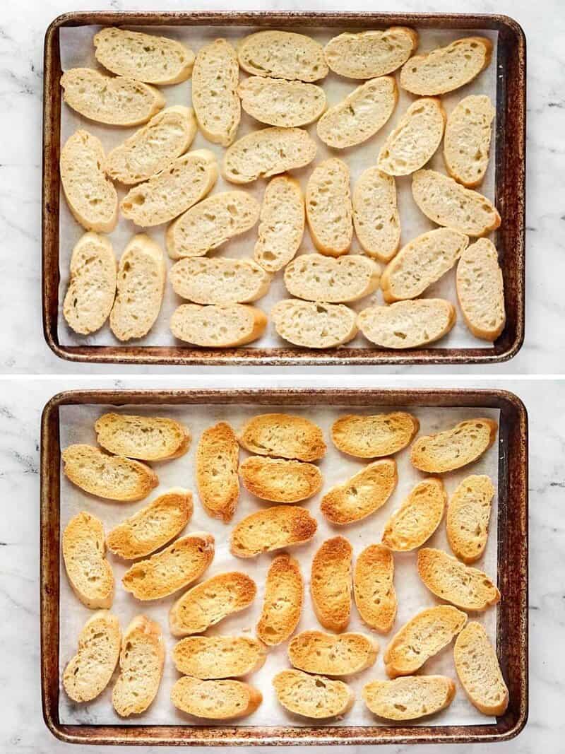 Toasting baguette slices for caprese bruschetta.