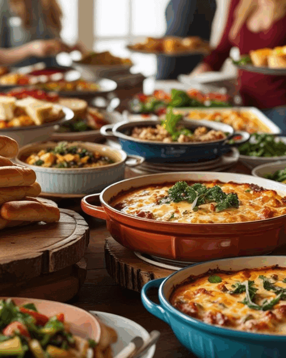 People enjoying a potluck dinner with copycat recipes